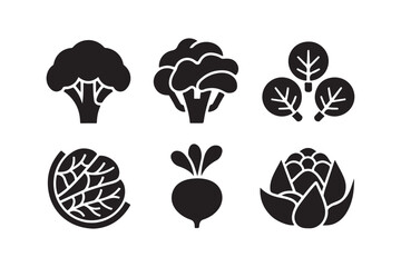 Black silhouette icons of six different vegetables