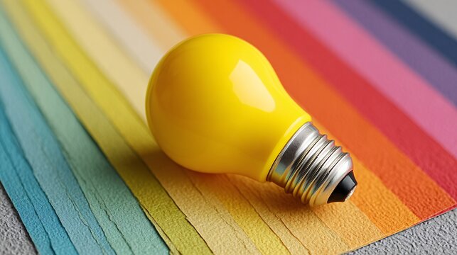 Yellow light bulb on colorful wooden surface with soft natural lighting