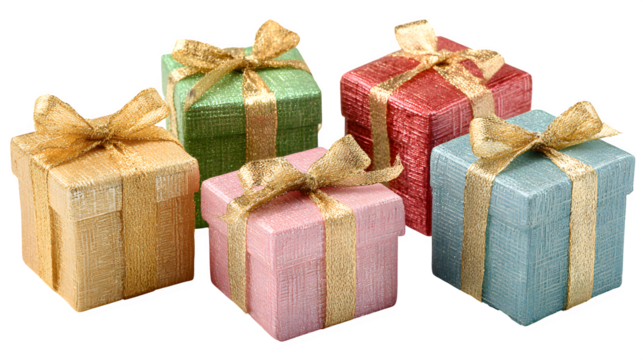 Gift boxes in gold, green, pink, red, and blue color palette isolated on white background
