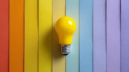 Yellow Light Bulb on Colorful Vertical Striped Wooden Background