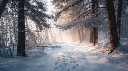 Fototapeta premium A snowy forest path with soft footprints leads into a glowing foggy winter sunrise