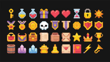 Pixel art icons for RPG games key, potions, gifts, hearts, lock, skull, star and other decorative assets