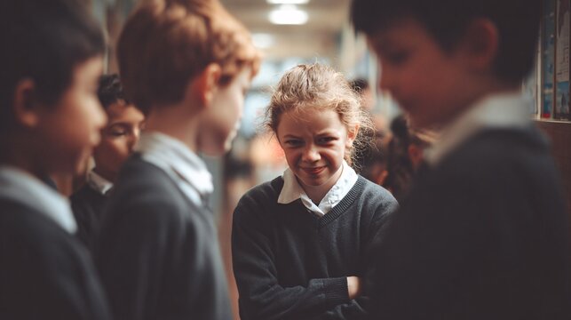 Smiling schoolgirl standing confidently among classmates in uniform indoors