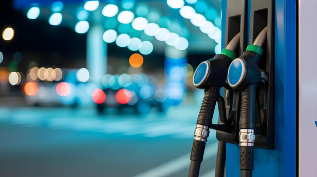 A background of a blurred, out-of-focus hydrogen refueling station at night, with blue and green bokeh lights
