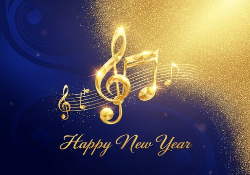 Golden musical notes illustration in deep blue and gold colors celebrating music and holidays Happy New Year with copy space