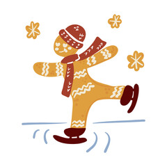 Gingerbread figure ice skating with winter accessories and playful icing details. This illustration conveys a joyful holiday activity concept