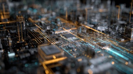 Abstract Circuit Board - Golden Pathways and Blue Light Streams, Technological Complexity.