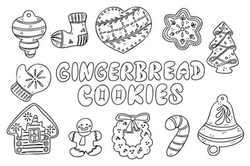 Gingerbread cookie set with festive holiday shapes outlined in simple style. This illustration conveys a cheerful Christmas baking concept