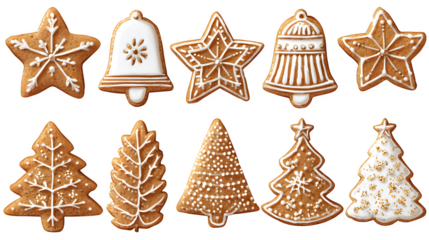 Gingerbread cookie collection featuring stars, bells, and trees isolated on white background