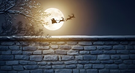 Moonlit Santa and Reindeer: Silhouetted against the night sky, makes a Christmas season backdrop for posters, holiday campaigns, or festive design projects.