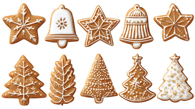 Gingerbread cookie collection featuring stars, bells, and trees isolated on white background