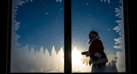 Frosty Silhouette: Santa stands behind a window with frost, sunset light and shows off a Christmas or holiday theme.