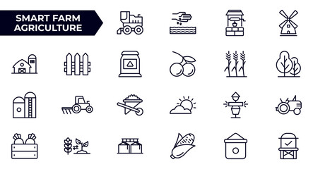 Smart farm agriculture line icon set. Farming, gardening, agriculture, digital, ideas, food, animals, seeding, plants, and harvesting icon collection. outline icon set