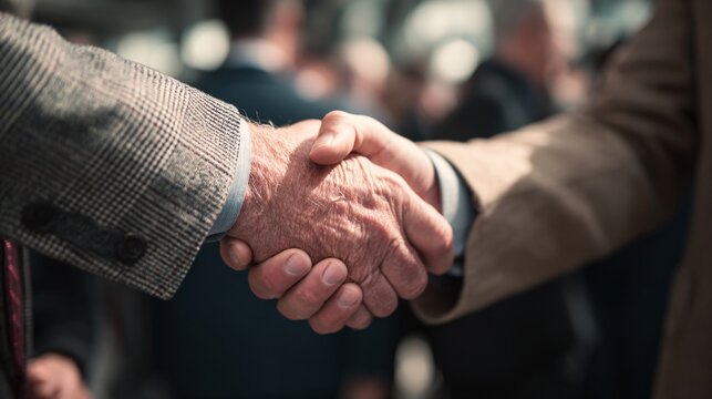 Close-up of two elderly men shaking hands in formal setting