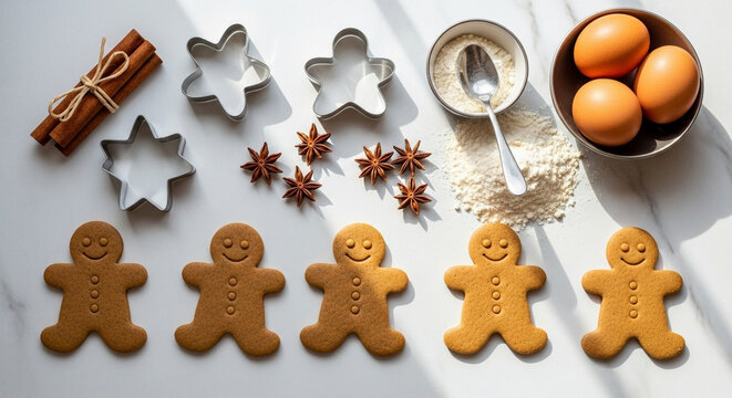 A Creative Flat Lay of Christmas Baking Ingredients on a Marble Countertop