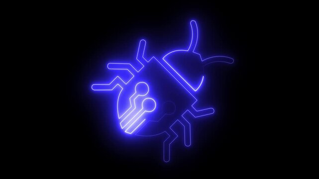glowing neon digital illustration circuit bug icon overlapping circuit board symbolizing the intersection of technology. 4k motion video animation .