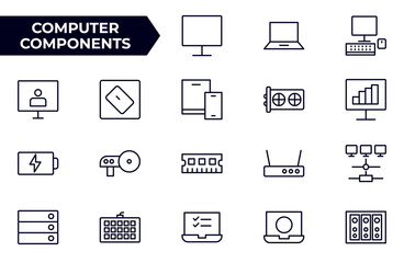 Computer components line icon set. Containing online, computer, network, website, server, web design, hardware, software and programming.