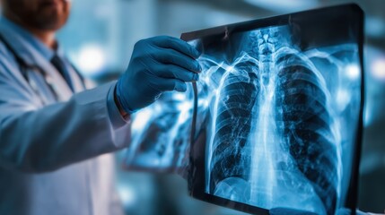 Doctor reviewing patient s chest X ray in hospital ward