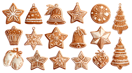 Gingerbread cookie collection featuring stars, bells, and trees isolated on white background