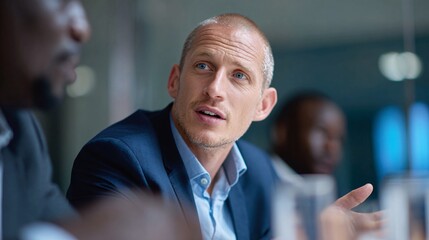 Professional business meeting with diverse colleagues discussing strategy indoors