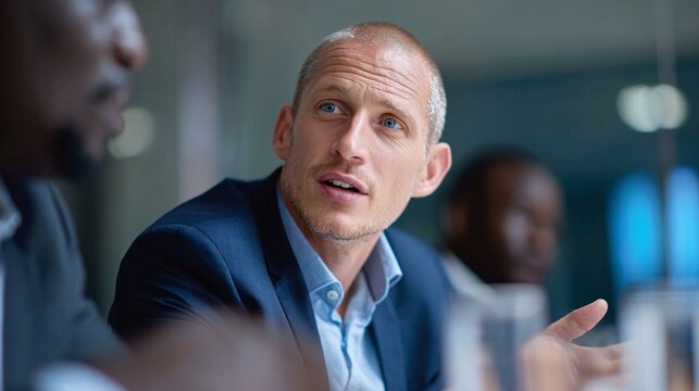 Professional business meeting with diverse colleagues discussing strategy indoors