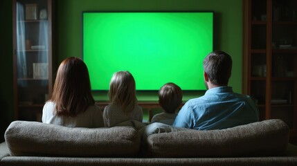 Family on couch viewing a movie on a green screen TV