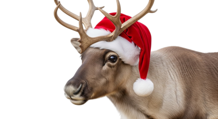 A reindeer wearing a red santa hat with a white pompom
