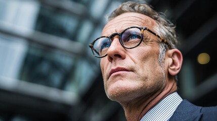 Focused mature businessman in glasses looking confident outdoors in urban setting