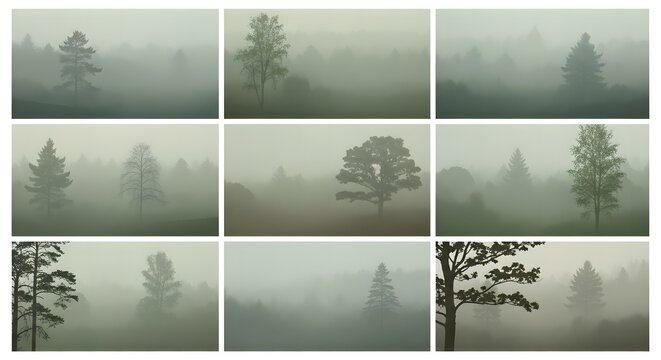 Misty forest landscape with tall trees in soft light