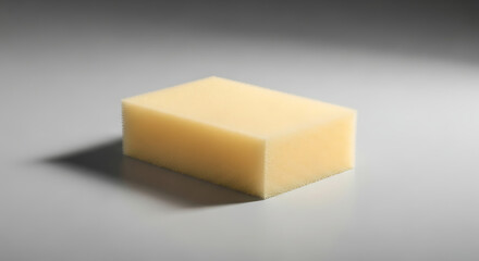 A close up shot of a rectangular yellow sponge on a white surface with a soft shadow behind it