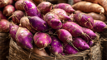 Freshly harvested purple sweet potatoes piled in woven baskets, showcasing their vibrant colors and earthy textures, representing healthy eating and natural produce