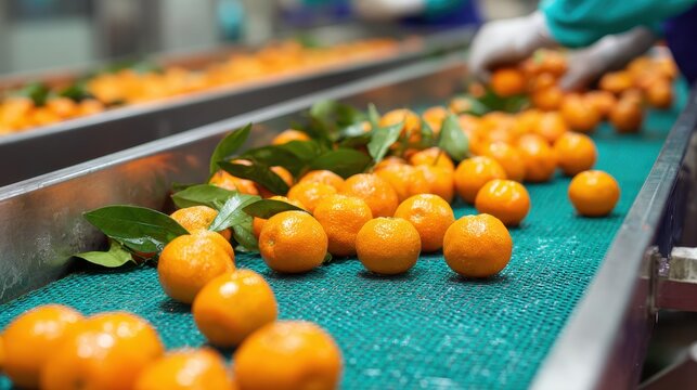 Handpicking tangerines on a processing line for quality inspection - Powered by Adobe