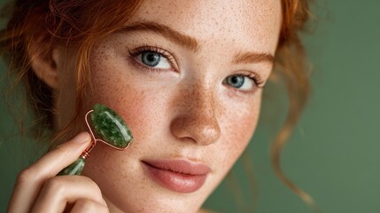 At home beauty treatment young redhead performs gua sha massage on her radiant freckled skin with a jade roller set against a green backdrop