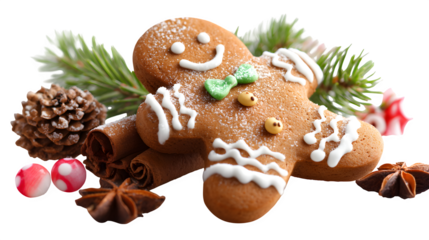 Gingerbread man cookie with icing details and festive decorations isolated on white background