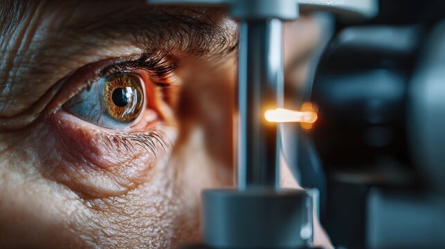 Eye exam of older man using slit lamp and microscope to assess lens and cornea condition - Powered by Adobe