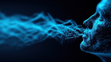 A digital representation of a human face with blue particles depicting breath, conveying a sense of creativity and technology.