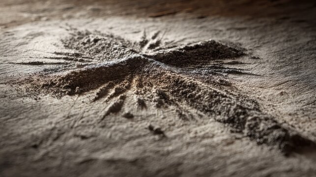 Drawing of a cross in ash dust or sand representing faith sacrifice and Jesus Christ during Lent and Holy Week