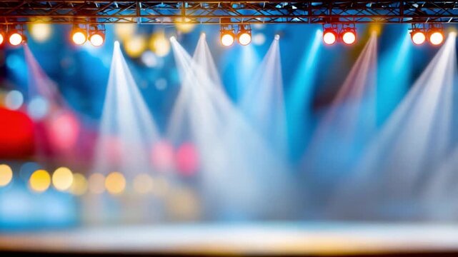 Spotlighted Stage: Vibrant stage lights illuminate the space. The scene captures the energy of an anticipated event. 