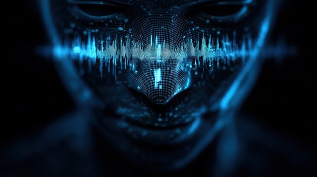 A futuristic, digital face with a sound wave overlay, representing the intersection of technology and artificial intelligence.