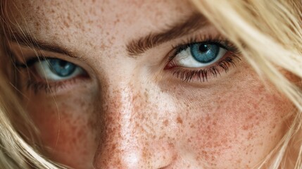 Close up portrait of a blonde girl with freckles and blue eyes flawless complexion