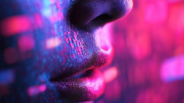 A vibrant, digital close-up of a face, emphasizing a pixelated texture and colorful lighting, suggesting themes of technology and modernity.