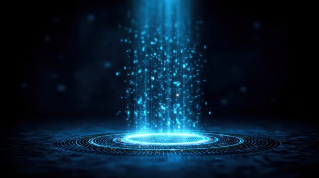 A vibrant blue digital waterfall of particles cascading into a circular platform, creating an ethereal and futuristic atmosphere.