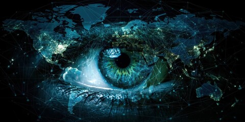 An eye overlaid with a digital world map, symbolizing global vision and connectivity in a tech-driven environment.