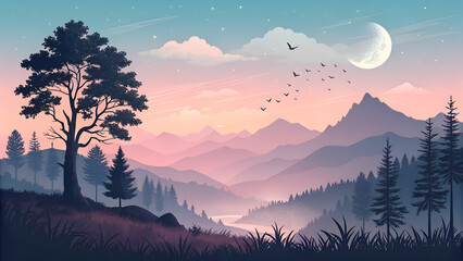 Twilight landscape background, tranquil and serene, mountain silhouettes under pastel sky, with copy space