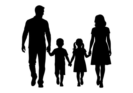 United family walking together, holding hands, embodying love and support in a silhouette illustration with minimalist design