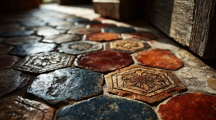 Close-up of rustic hexagonal ceramic floor tiles with varied colors and textures