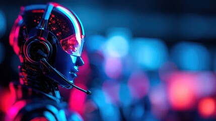 A futuristic robotic figure with a headset, illuminated by vibrant blue and pink lights, depicting advanced technology and digital aesthetics.