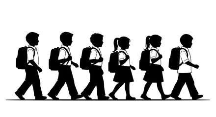 Young students with backpacks walking together in a line, symbolizing their educational path and school community
