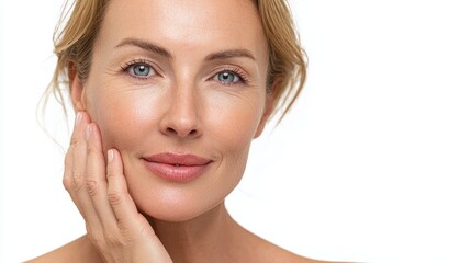 Fototapeta premium A model enjoys smooth skin through dermatology and chemical peels set against a white studio background highlighting mature beauty and spa wellness