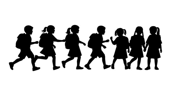 Children's Silhouette A Group of Schoolkids Walking Together with Backpacks